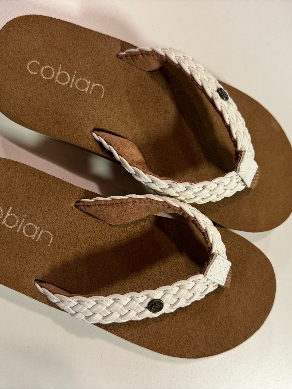 Cobian Women's White Braided Thong Sandals with Brown Footbed